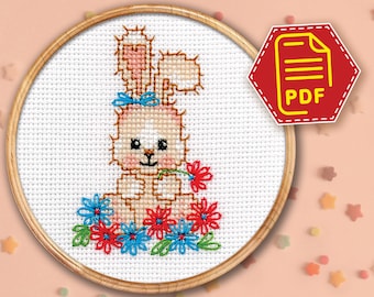 かわいいイースターバニーのクロスステッチのパターン - 保育園の装飾のための赤ちゃんの動物の刺繍デザイン - PDF でチャートを即時ダウンロード