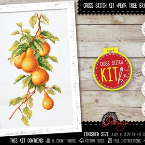 Pear tree branch cross stitch kit, Nature Garden cross stitch with Counted pattern, Pear embroidery kit, DIY Farmhouse Kitchen Home Decor