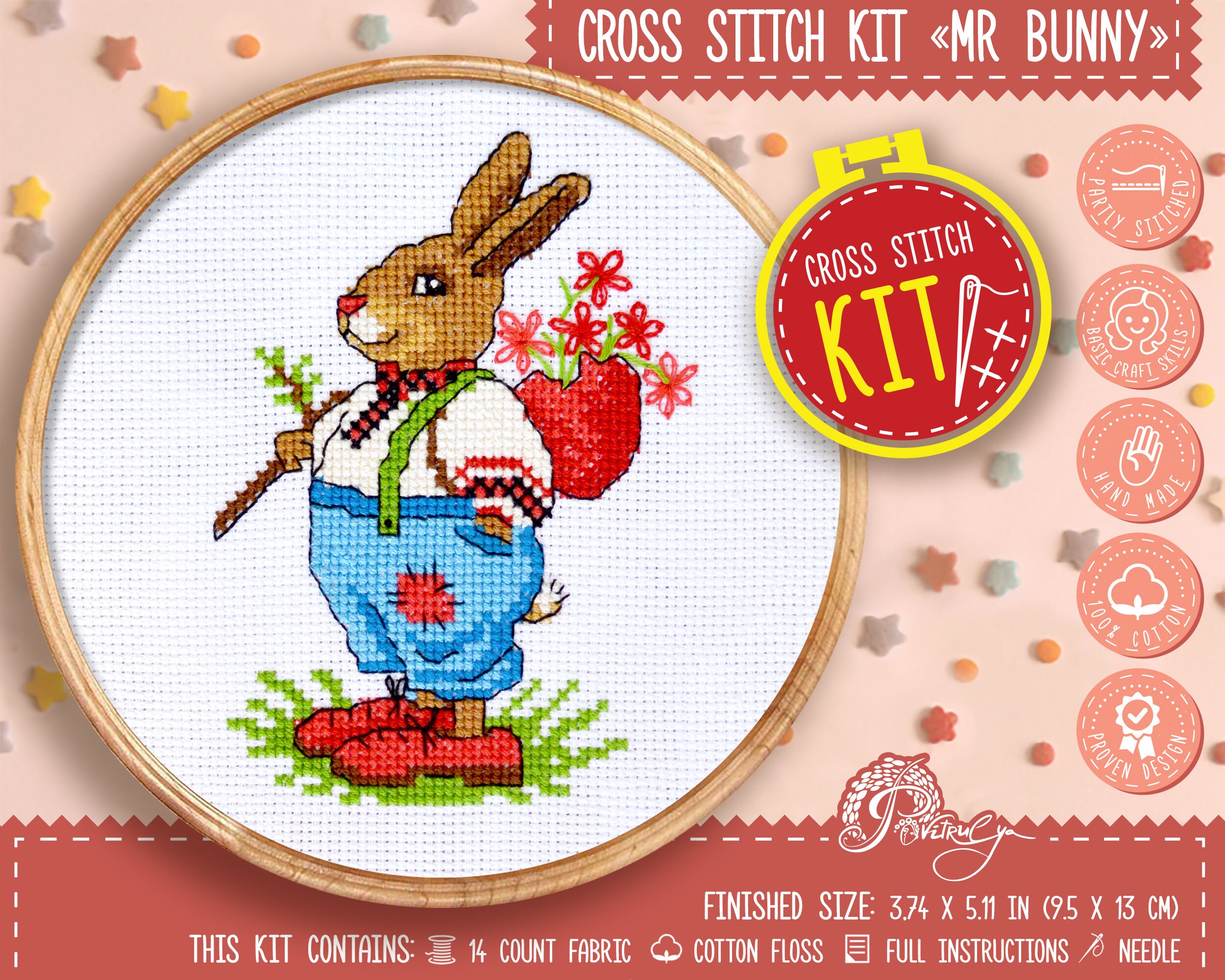 RKFLGEW 14CT Kit Point De Croix Imprimé Kit De Broderie Lapin Et Fille Pour Débutants Et Adultes,Kits De Points De Croix À Faire Soi-Même,Point D' Aiguille 30x40CM