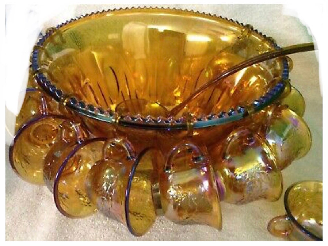 Amber Carnival Glass Punch Bowl Set Etsy