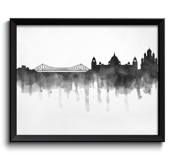 Black White Grey Kolkata Skyline India Cityscape Art Print Etsy