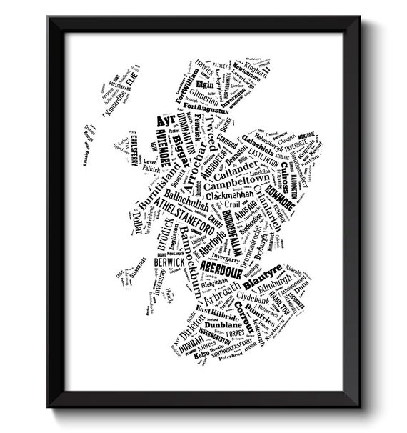 Scotland Map Text Word Cloud Typography Black White Poster Etsy