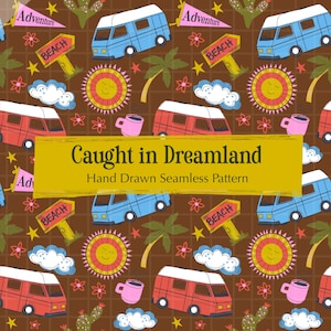 Retro VW Van Seamless Pattern, Hand Drawn PNG Camper Van Design, Instant Digital Download, Digital Paper, Sublimation Design, Commercial Use