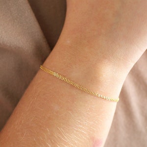 May include: A delicate gold chain bracelet on a person's wrist.