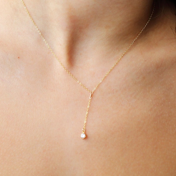 JOJO Necklace • Dainty CZ Lariat Necklace • Delicate Lariat Necklace, Simple Chain Necklace, Simple Necklace, Layered Necklace, Simple Gift