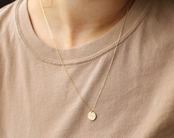 LEXI Blank Disc Necklace 9mm, Simple Circle Necklace, Delicate Coin Necklace, Dainty Everyday Necklace, Satin or Hammered Layered Necklace