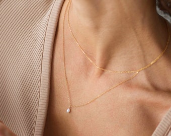ARIA Set • Pearl Drop Necklace and Simple Chain Necklace Set • Tiny Freshwater Drop Pearl Necklace • Basic Thin Chain • Layered Necklace •