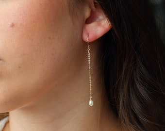 ARIA Drop Earrings • Tiny Oval Pearl Earrings • Long Chain Earrings, Delicate Earrings, Freshwater Pearl Earrings, Wedding Earrings, Dainty