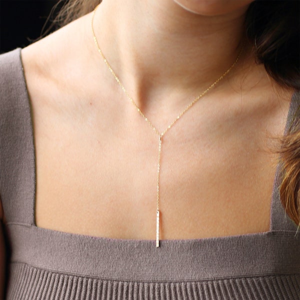 SHAY Lariat Necklace • 25x2mm Hammered Bar Lariat Necklace • Delicate Necklace, Layering Necklace, Chain Drop Necklace, Skinny Bar Necklace
