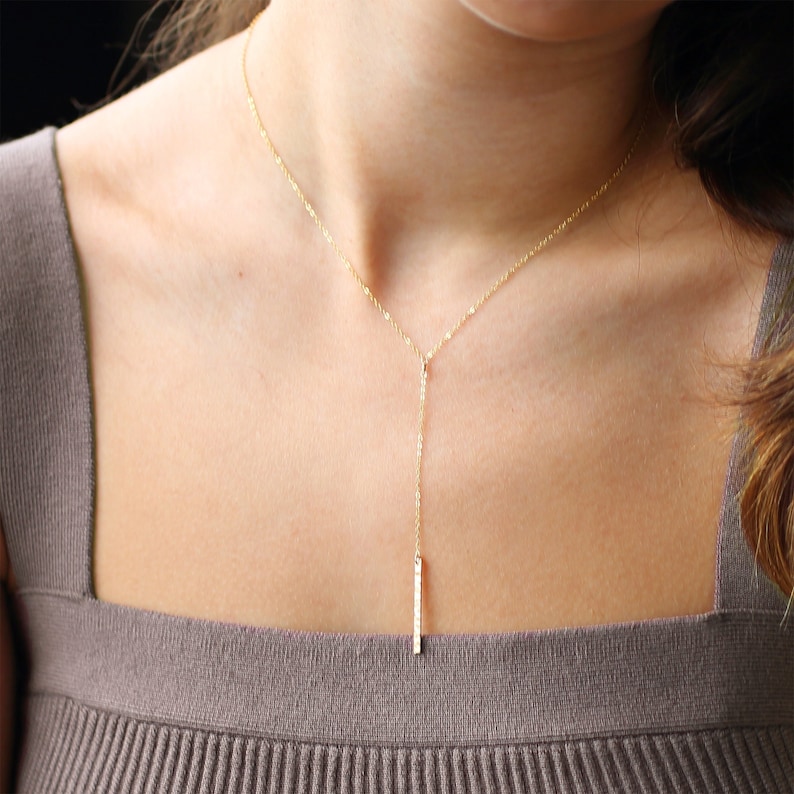 SHAY Lariat Necklace 25x2mm Hammered Bar Lariat Necklace Delicate Necklace, Layering Necklace, Chain Drop Necklace, Skinny Bar Necklace image 1