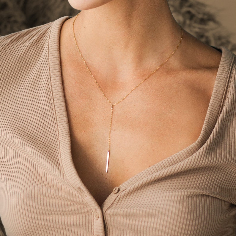 SHAY Lariat Necklace 25x2mm Hammered Bar Lariat Necklace Delicate Necklace, Layering Necklace, Chain Drop Necklace, Skinny Bar Necklace image 5