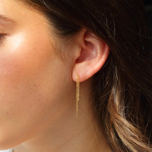 May include: A pair of gold chain earrings hanging from the earlobe. The earrings are made of a delicate chain that hangs down to the shoulder.