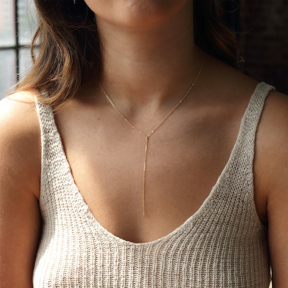 Lariat Necklace Long Thin Chain Simple Delicate Dainty Circle Y Drop Silver  Gold