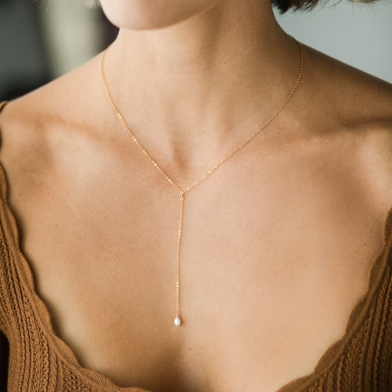 ARIA Lariat Necklace Tiny Oval Pearl Lariat Necklace 