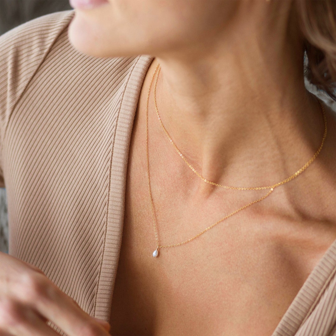 ARIA Set • Pearl Drop Necklace and Simple Chain Necklace Set • Tiny Freshwater Drop Pearl Necklace • Basic Thin Chain • Layered Necklace •