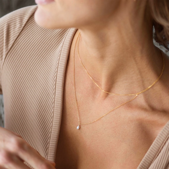 ARIA Set Pearl Drop Necklace and Simple Chain Necklace Set Tiny Freshwater  Drop Pearl Necklace Basic Thin Chain Layered Necklace 