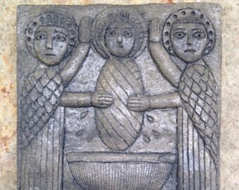 BRIG-001-Gray Saint Brigid’s Baptism/Celtic/Irish/Religious/Saint/Carved/Icon/Plaque