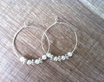 Earring Creole "Angel" Pearly silver beads and pearls silver snowflakes