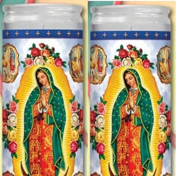 Set of 2 or 4 Our Lady of Guadalupe Prayer Candles 2 o 4 Veladoras De Nuestra Senora De Guadalupe