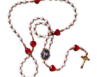 Faustine and Divine Mercy Milk Glass 10mm Beaded Rosary Gold Plated Benedictine Crucifix Findings  Centerpiece Color Image Prayer Card