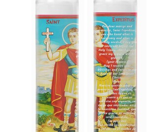 Saint Expedite San Expedito Set of 2 or 4 Candles Set de 2 o 4 Veladoras Prayer in English and Spanish Oracion en Ingles y Espanol