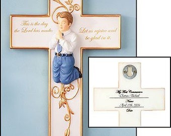 First Communion Praying Boy or Girl Figure Wall Cross First Communion space to write the name and date in the back with a prayer card
