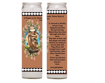 Saint Gertrude of Nivelles Patron of Cats and Cat Lovers 2 Candle Set with Prayer in the Back