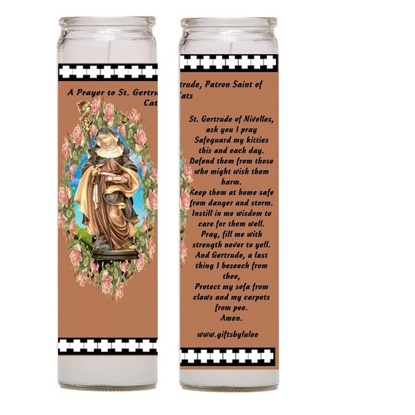 Saint Gertrude of Nivelles Patron of Cats and Cat Lovers 2 Candle Set with Prayer in the Back