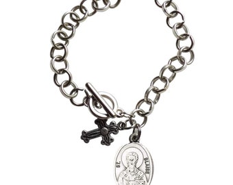 Saint Blaise Patron of Those with Throat Ailments Loop Link Circle Stainless Steel Bracelet with Silver Plated Medal and Blessed Prayer Card