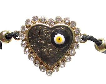 Corded Adjustable Bracelet Gold Tone Heart with Rhinestones and the Eye of Fatima in the Center Available Six Styles (J1064)