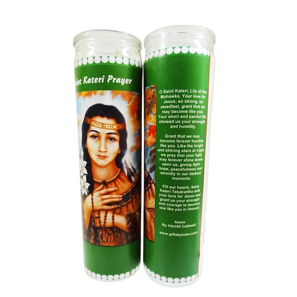Set of 2 or 4 St Saint Kateri Tekakwitha Prayer Candles 8 inch glass