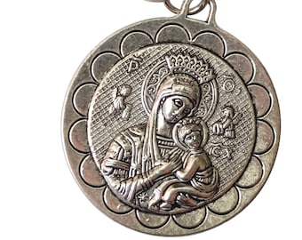Our Lady of Perpetual Help Anodized Silver Plated Medal Keychain Zipper Pull Includes Free Prayer Card