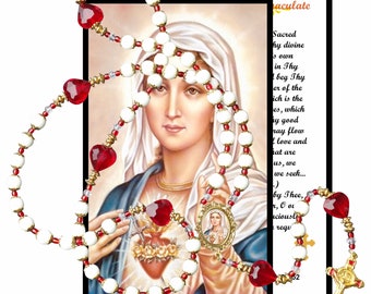 Immaculte Hearth of Mary Milk Glass 10mm Beaded Rosary Gold Plated Benedictine Crucifix Findings  Centerpiece Color Image Prayer Card