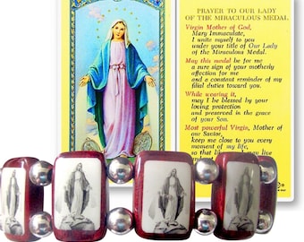 Our Lady of the Miraculous Medal B/W brazilian wood  Bracelet and a Free Prayer card