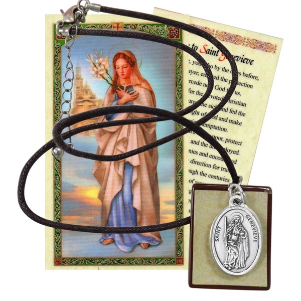 Saint Genevieve Medal Patron of Paris Brown Mariners Cord Necklace Square Pendant and Silver Plated Medal with Matching Prayer Card