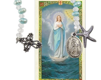 Our Lady Star of The Seas Stella Maris Cultured Freshwater Pearls Holy Chaplet with Findings and Holy Card Black / Blue / Peach / White