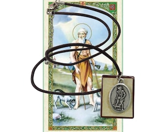 San Lazaro Babalu Aye Collar de Cordón con Colgante Cuadrado y Medalla con Enchape de Plata y Tarjeta de Oracion