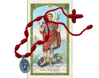 Saint Expedite Patron Saint of Speedy Causes Red Knotted Adjustable Rosary Bracelet  Free Prayer Card-
