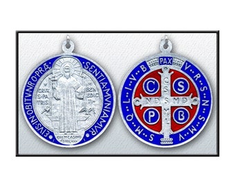 St Benedict Medals Exorcist's medal Silver Overlay Painted in Blue and Red