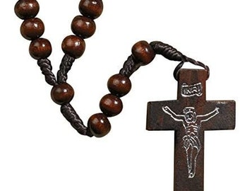 Brown Corded Rosary with Etched Christ on Wood Crucifix