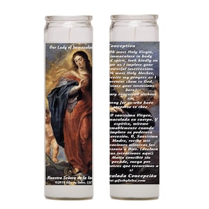 Our Lady Immaculate Conception  Inmaculada Concepcion Set of 2 or 4 Candles Set de 2 o 4 velas y Tarjeta Laminated Prayer Card Catholic