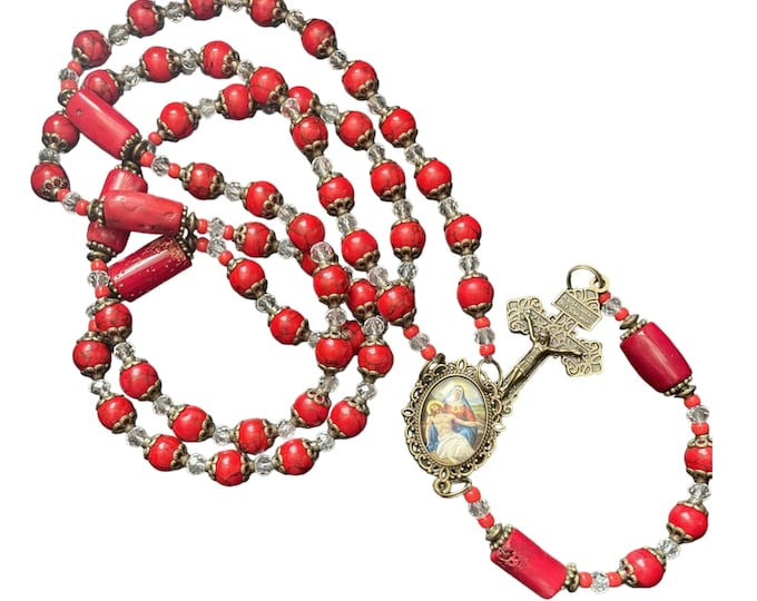 Lady of Sorrows Beautiful Red Crystal and Genuine Red Coral Barrel Beads Rosary Crimson Embrace Our Lady of Sorrows Rosary