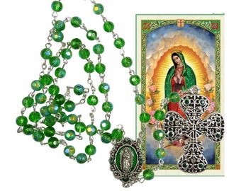 Our Lady of Guadalupe Green Glass Beads Rosary   Patron Saint of the Americas