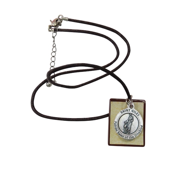 Saint Giles  Medal The Hermit Patron of  handicapped Childhood Fears Convulsions and Depression Silver Oxidized  Medal in Necklace