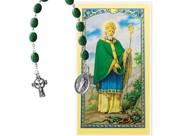 Saint Patrick Saint Brigid Irish Chaplet Green Glass Beads and a Blessed Prayer Card Free Celtic Cross Iron on