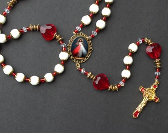 Handcrafted and exquisite One of a Kind Catholic  Milk Glass Beads and crystal Rosary Beads Personalized with the devotion of your choice