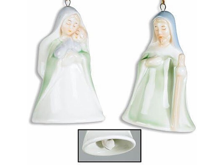 Christmas Tree Decoration Nativity Bell Ornament  Mary with Baby Jesus & Joseph Porcelain Free Prayer for Peace in The Family Prayer Card…