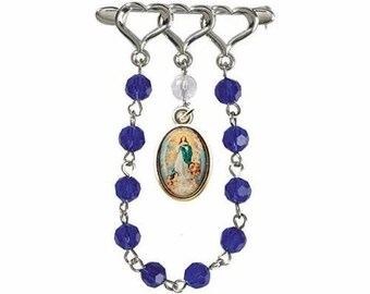 Immaculate Conception Silver Plated Lapel Pin Chaplet with Glass Beads and Blessed Holy Card