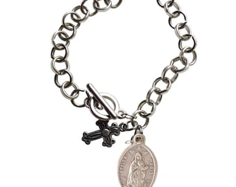 Our Lady Star of The Seas Stella Maris Loop Link Circle Stainless Steel Bracelet with Silver Plated Medal Toggle Closure and Prayer Card