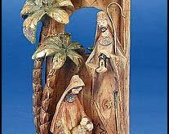 Nativity Manger Christmas Scene Mary Joseph and baby Jesus Holy Family 9 1/2 Inch Barkwood Resin Stable with North Star on Top